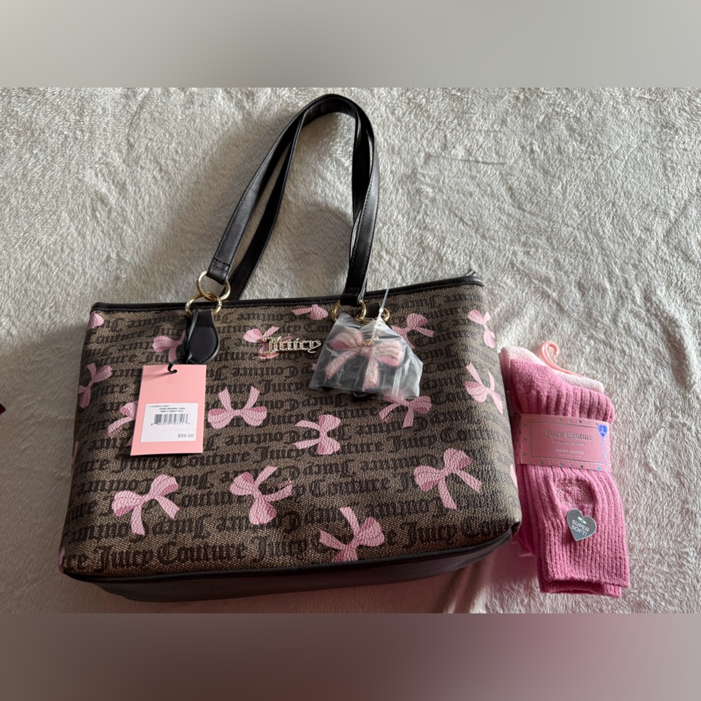 BEAUTIFUL JUICY COUTURE DARK BROWN PINK SIMPLY SWEET TOTE BOWS W FREE GIFT